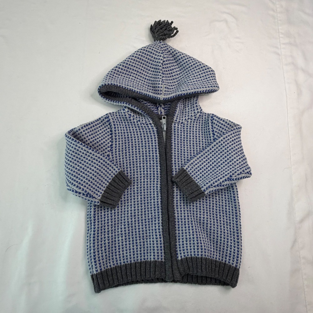 Gymboree Baby Boys Blue White Knit Full Zip Pom Hooded Sweater 6-12 Months